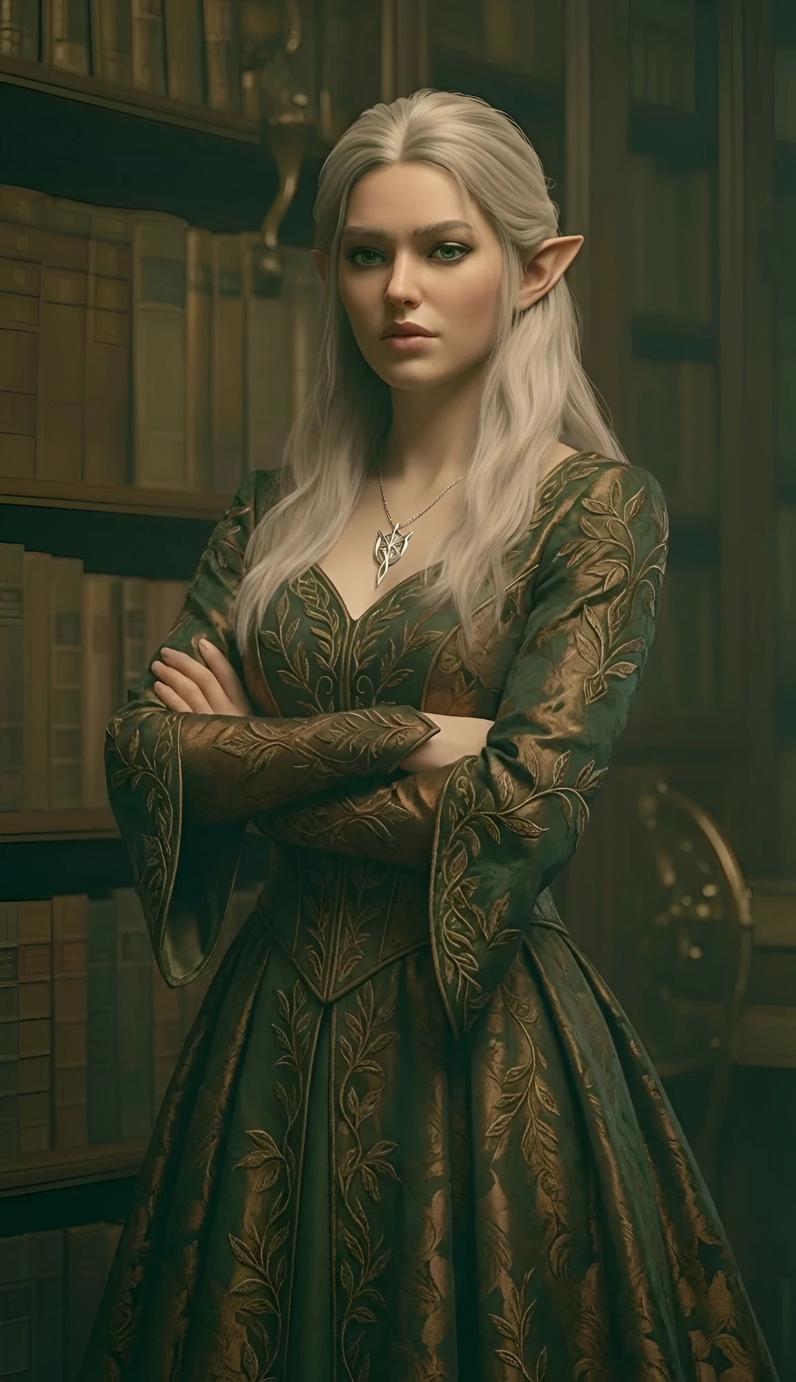 Mags the Whisperer, arms folded, among the archive's shelves