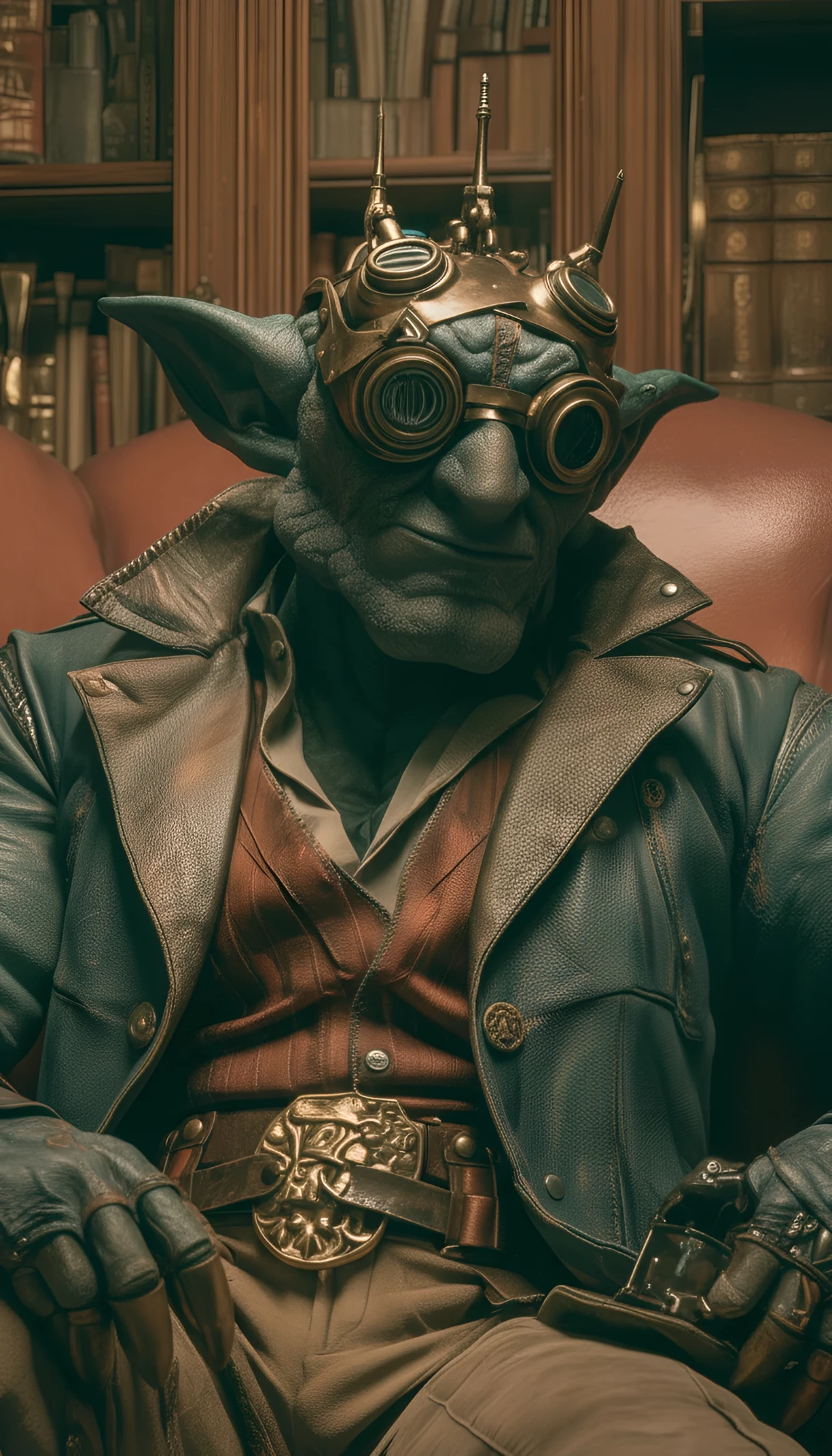 Vinnie the Archivist, in goggles and a leather jacket, seated in the archive